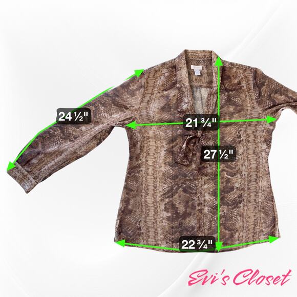 Chico's Women's Snake Skin Print Sheer Brown Blouse Sz 1/ M 8 Attached Neck Tie - Picture 6 of 6